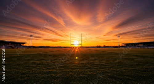 A scenic view of a rugby field at sunset with a dramatic sky and goal posts in the middle frame