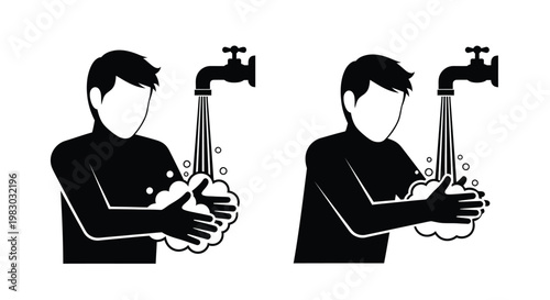 Two men washing hands with water a hygiene illustration on transparent background silhouette