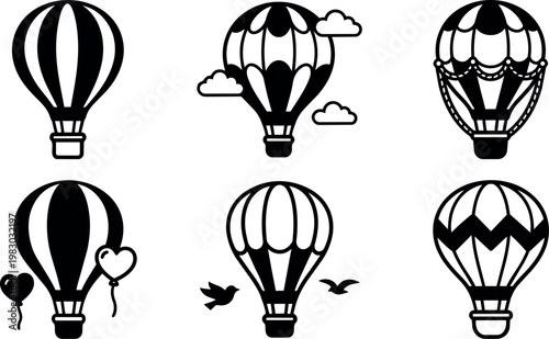 Black and white vector hot air balloons with clouds birds and heart balloons