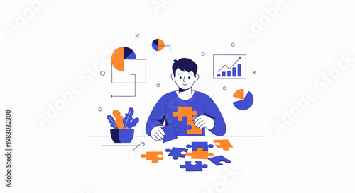 Man assembling jigsaw puzzle with business charts and graphs