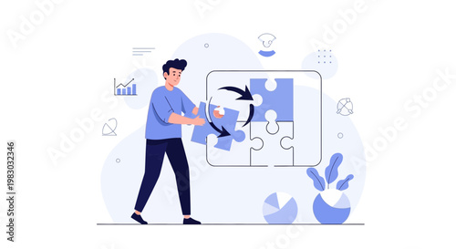 Man assembling puzzle pieces, symbolizing strategy, problem-solving, and teamwork