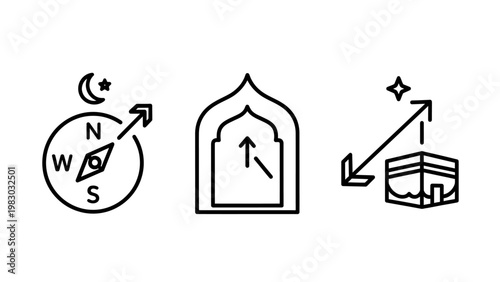 Collection of islamic religious icons for qibla direction including a compass mihrab arch and kaaba orientation for prayer guidance with direction religion navigation orientation crescent