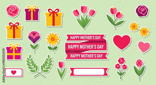 Colorful Mother's Day stickers with gifts flowers and hearts on green