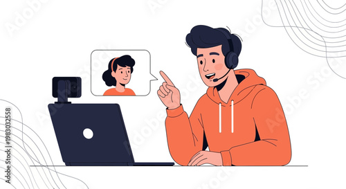 Man in headset video calls with woman on laptop, online communication concept
