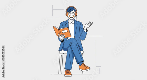 Man in suit with headphones reading book, listening to audiobook, online education concept