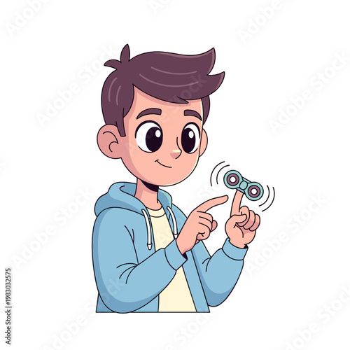 Adolescent boy spinning a fidget toy and smiling with enjoyment  