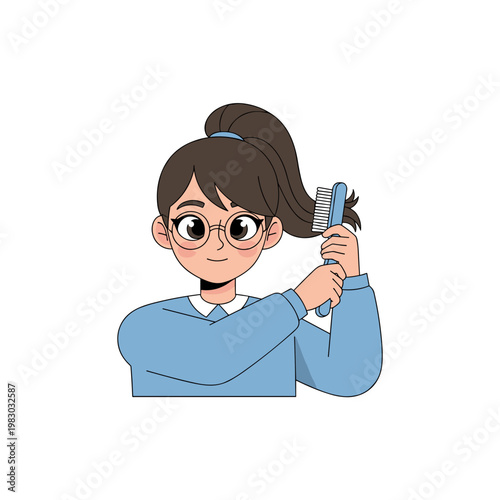 Young girl brushing her hair while wearing a blue sweater. Adolescent brushing pony tail