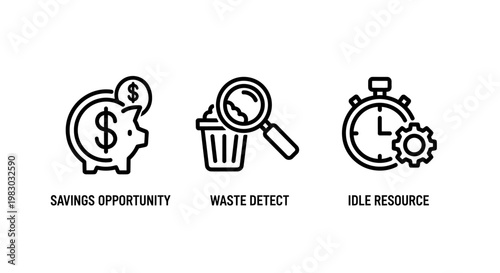 Business management and efficiency icons featuring a savings opportunity piggy bank waste detection magnifying glass over a bin and idle resource stopwatch with a gear opportunity resource business
