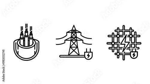 Electrical power industry icons set showing transmission pylon tower cables and energy grid symbols with electricity transmission electric industrial lightning technology engineering generation