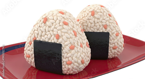 Two Onigiri Rice Balls with Pink Filling on a Red Tray
