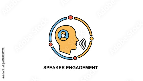 Speaker engagement conceptual icon with human head profile speech waves and cycle symbol engagement communication speaking feedback interaction connection networking conference presentation