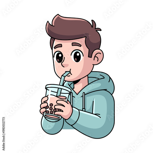 Teen  enjoying bubble tea while wearing a blue hoodie  