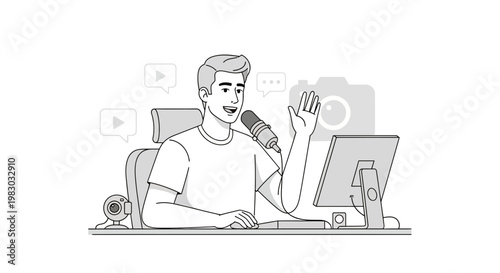 Content Creator Waving Hello at Desk with Microphone, Camera, and Computer