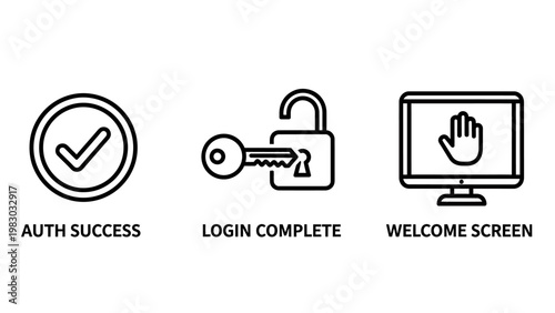 User authentication and login verification icons set illustrating authorization success complete login with key and lock and welcome screen display for digital security authentication complete