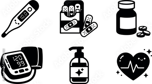 Black and white line art medical health care icons with thermometer bandages pills blood pressure sanitizer and heart