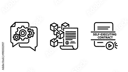 Blockchain technology and self executing smart contract icons representing automated legal documents decentralized agreements and digital processing workflows for modern business with contract