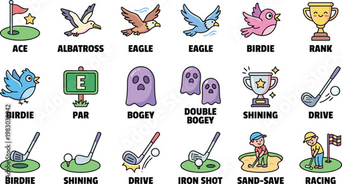 Golf terminology icons set, flat design vector illustration with birdies, bogeys, and par symbols