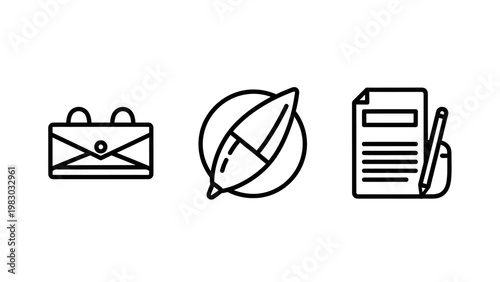 Professional business and creative writing icons set with briefcase feather quill pen and document with pencil outline graphics briefcase business document contract signature literature