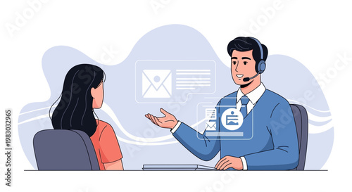 Customer service agent assisting client with digital information and communication