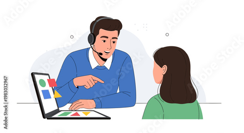 Customer service agent helping client with laptop, online support, teamwork, consultation