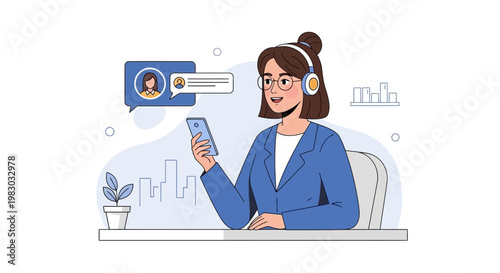 Customer service agent with headset and phone, communication and support concept