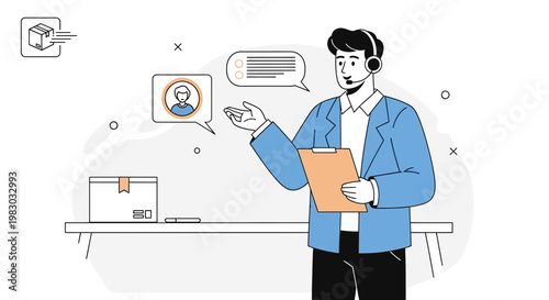 Customer service agent with headset, holding clipboard, discussing delivery and customer support.