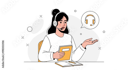Customer support agent with headset and book, customer service concept illustration