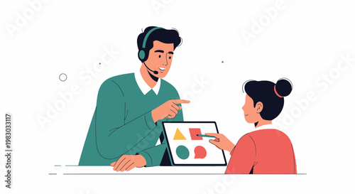 Customer support agent with headset guiding user on tablet with shapes