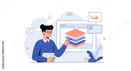 Data analysis and strategy concept with person interacting with layered charts and graphs