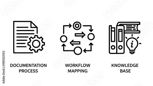Business process management icon set illustrating documentation workflow mapping procedures and knowledge base information storage systems with documentation workflow knowledge business management