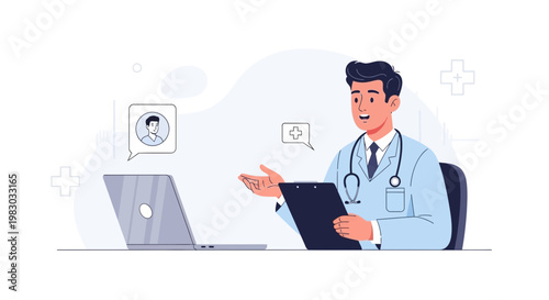 Doctor Consults Patient Online Via Laptop, Telemedicine Concept