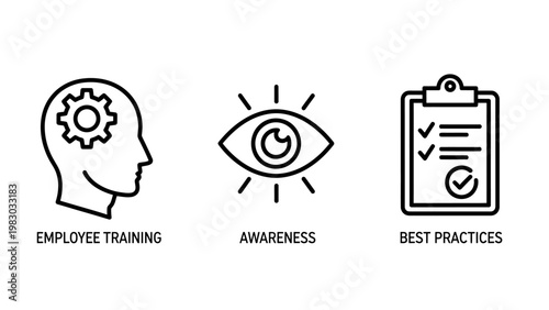 Corporate employee training and development icons including awareness vision and best practices checklist for professional skills improvement and business management with training employee awareness
