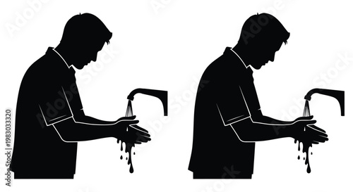 Man washing hands depicted twice a black silhouette on transparent background
