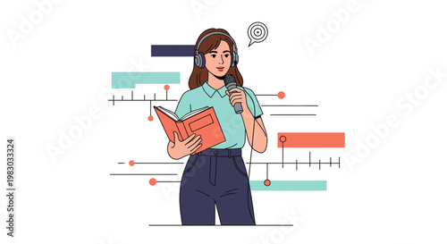 Female Podcaster Recording Audio with Microphone and Book, Timeline Background