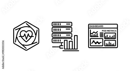 Healthcare data informatics icons including heart vitality server analytics and medical dashboard performance metrics with informatics healthcare analytics dashboard technology information