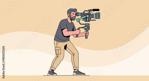 Filmmaker operating professional camera on gimbal stabilizer, capturing video footage