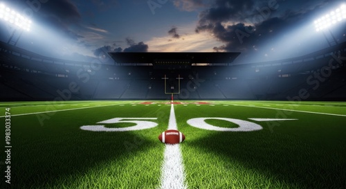 A detailed view of a football resting on the fifty yard line of a professional stadium at night