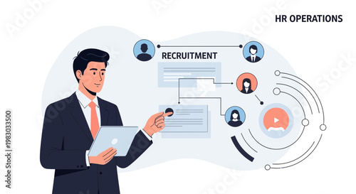 HR Operations: Man points to recruitment flowchart with candidate profiles and video icon