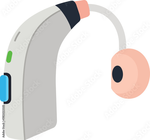 Flat illustration of a modern behind‑the‑ear hearing aid, symbolizing hearing support, audiology care, and assistive technology. Ideal for medical apps, clinic brochures, and accessibility designs