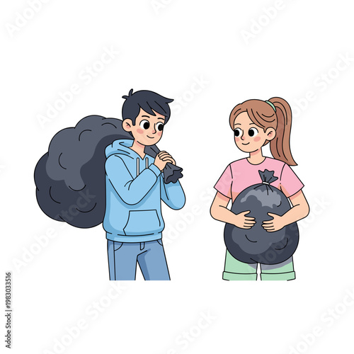 Two teenagers carrying trash bags and smiling while cleaning up  