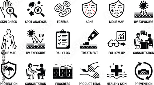 Flat design icons set for dermatology skincare and sun protection process vector illustration