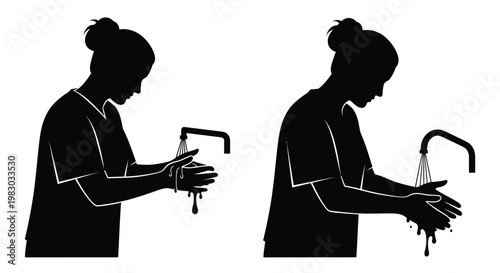 Two women washing hands under faucets a black silhouette on transparent background