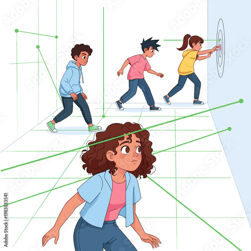 Teenagers playing in a laser maze with focused expressions indoors  