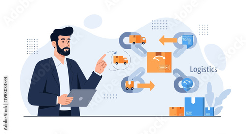 Logistics Manager Planning Supply Chain Delivery with Digital Tablet and Icons
