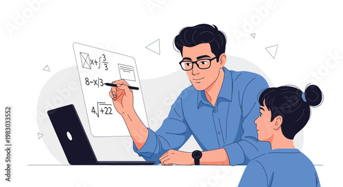 Male teacher helping female student with math lesson on laptop and whiteboard