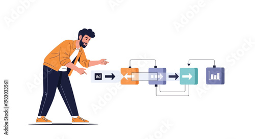 Man analyzing digital advertising workflow and data analytics