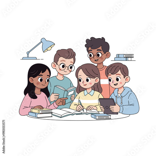 Teens  studying together at a table with books and a lamp  