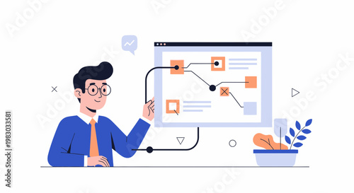 Man analyzing flowchart on screen, business strategy, planning, data visualization, modern illustration
