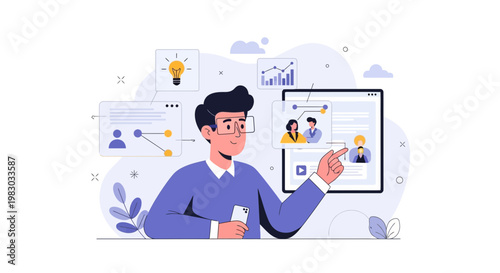 Man analyzing online data and team collaboration on a digital interface
