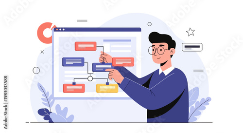 Man analyzing flowchart on screen, business strategy, project management, data visualization